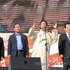-2010년 5월 1일 오후 서울 여의도 문화마당에서 열린 120주년 세계 노동절 기념 범국민대회에서 야4당 대표들이 연설을 하고 있다.