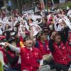 -19일째 전면파업중인 한화토탈 노동자들이 5월 13일 오전 서울 한화본사 앞에서 결의대회를 열고 노조탄압 분쇄, 임금인상 등을 요구하고 있다.