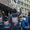 -택배 파업 46일째인 2월 11일 민주노총이 CJ대한통운 본사 앞에서 결의대회를 열고, 택배노동자 과로사 주범인 CJ재벌을 규탄하고, 사회적 합의 이행을 촉구하고 있다.