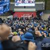 -금속노조가 4월 13일 서울 종묘공원에서 2022년 투쟁선포식을 열고 노동중심 산업전환 등을 요구하고 있다.